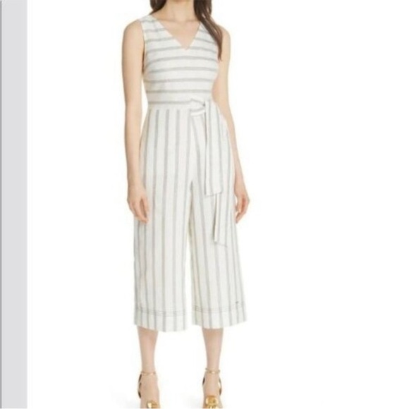 Ted Baker Linen Zelma cropped striped vneck linen blend jumpsuit US 6 EUC - Picture 2 of 10